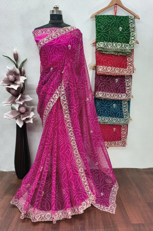 CHIFFON PITAWORK BANDHANI SAREE SET OF 6 x 840₹- MB19